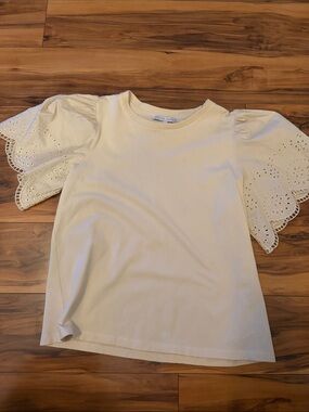 English Factory Cream Crewneck Top with Subtle Eyelet Sleeves